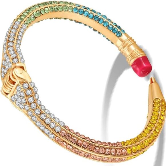 NEW Teacher Gifts Pencil School Rhinestone Gold Dipped Hinged Bangle Bracelet - Picture 3 of 5